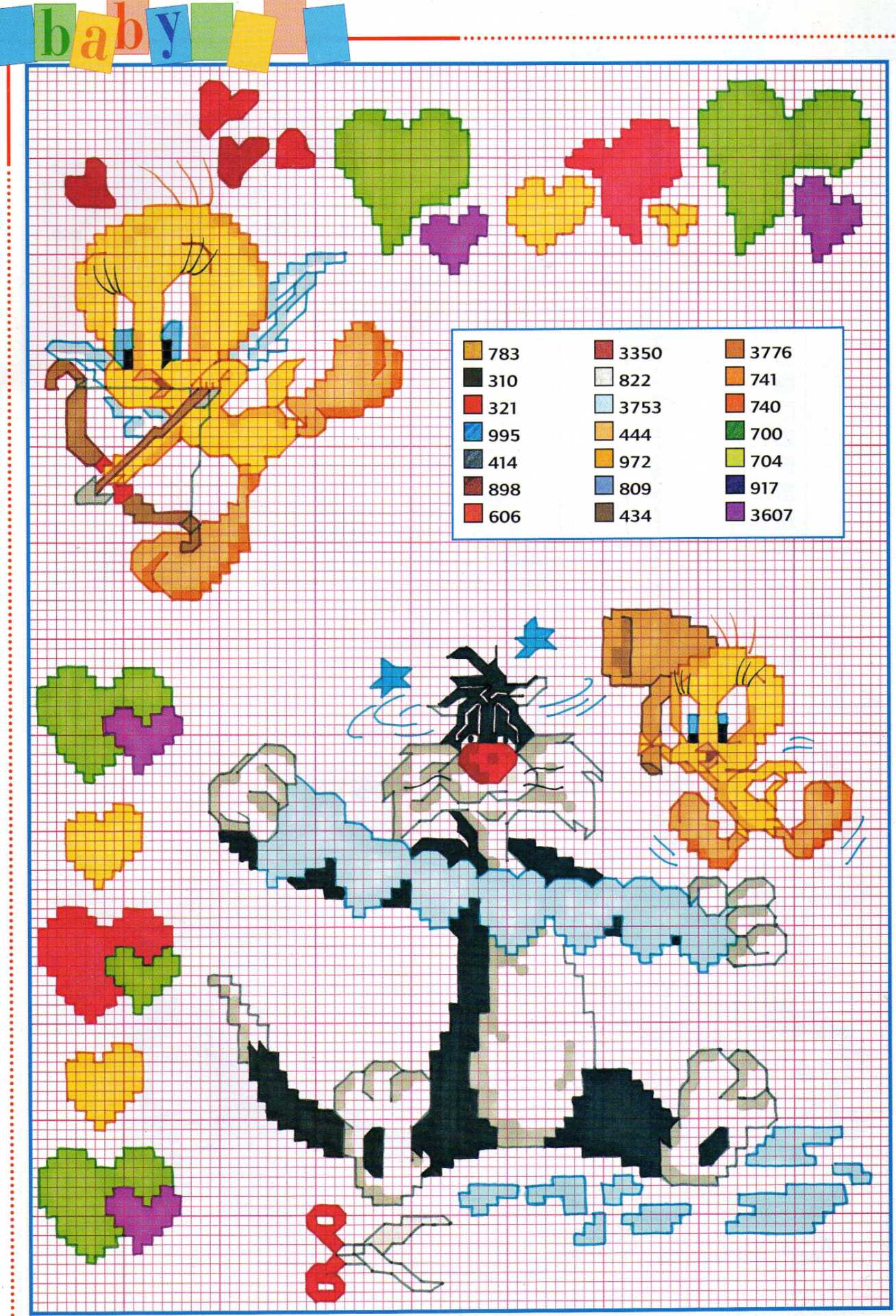 Sylvester and Tweety with small hearts cross stitch patterns
