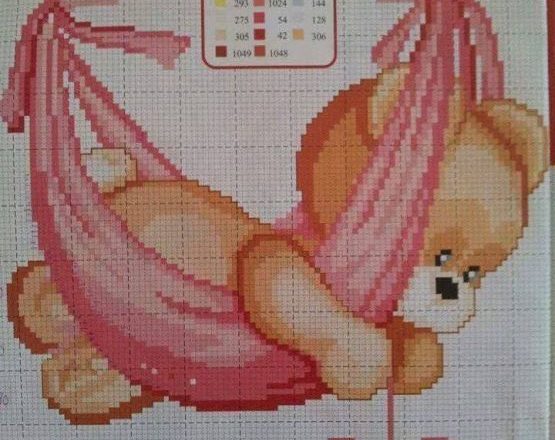 Teddy bear on hammock with heart free cross stitch baby blanket pattern