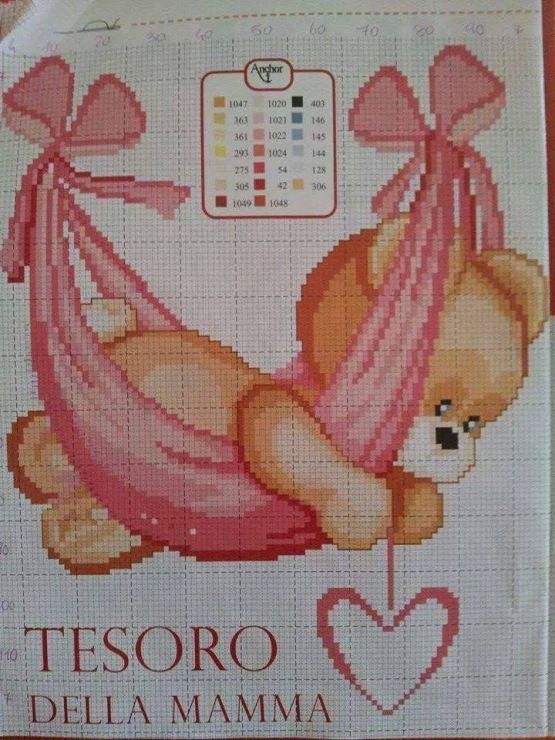 Teddy bear on hammock with heart free cross stitch baby blanket pattern