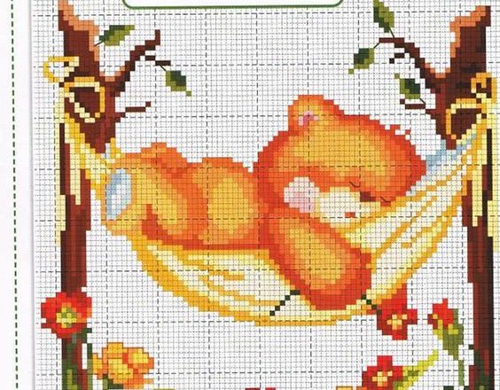 Teddy bear sleeping on hammock free cross stitch baby blanket pattern