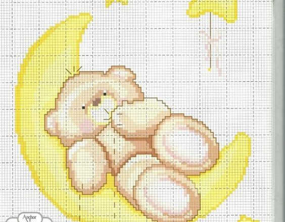 Teddy bear sleeping on the Moon free cross stitch baby blanket pattern