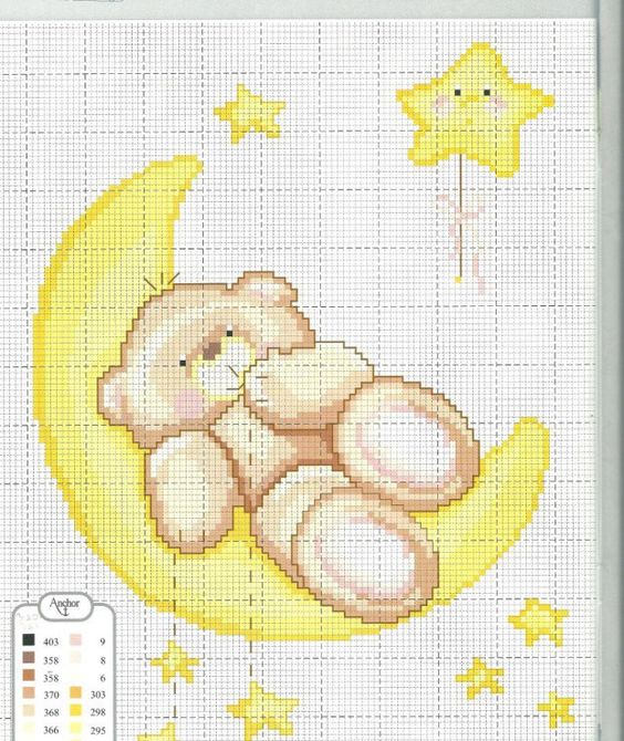 Teddy bear sleeping on the Moon free cross stitch baby blanket pattern