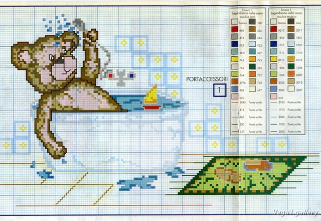 Teddy bear take a bath cross stitch pattern