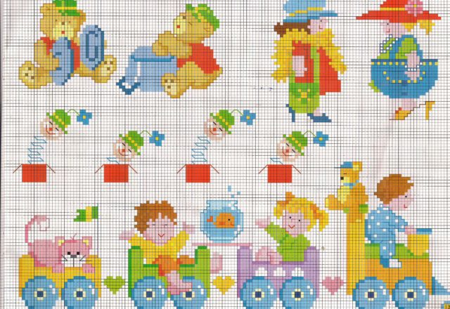 Teddy bears and babies playing on a train toy cross stitch patterns