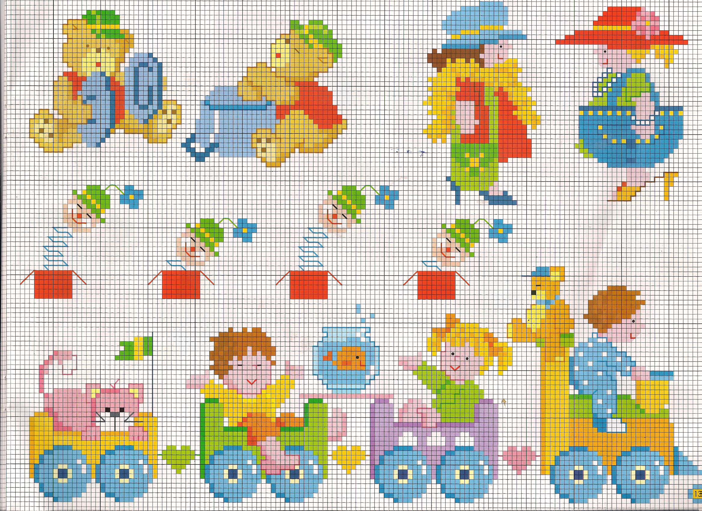 Teddy bears and babies playing on a train toy cross stitch patterns