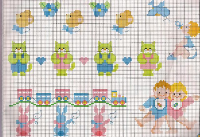 Teddy bears green cats train toys cross stitch patterns