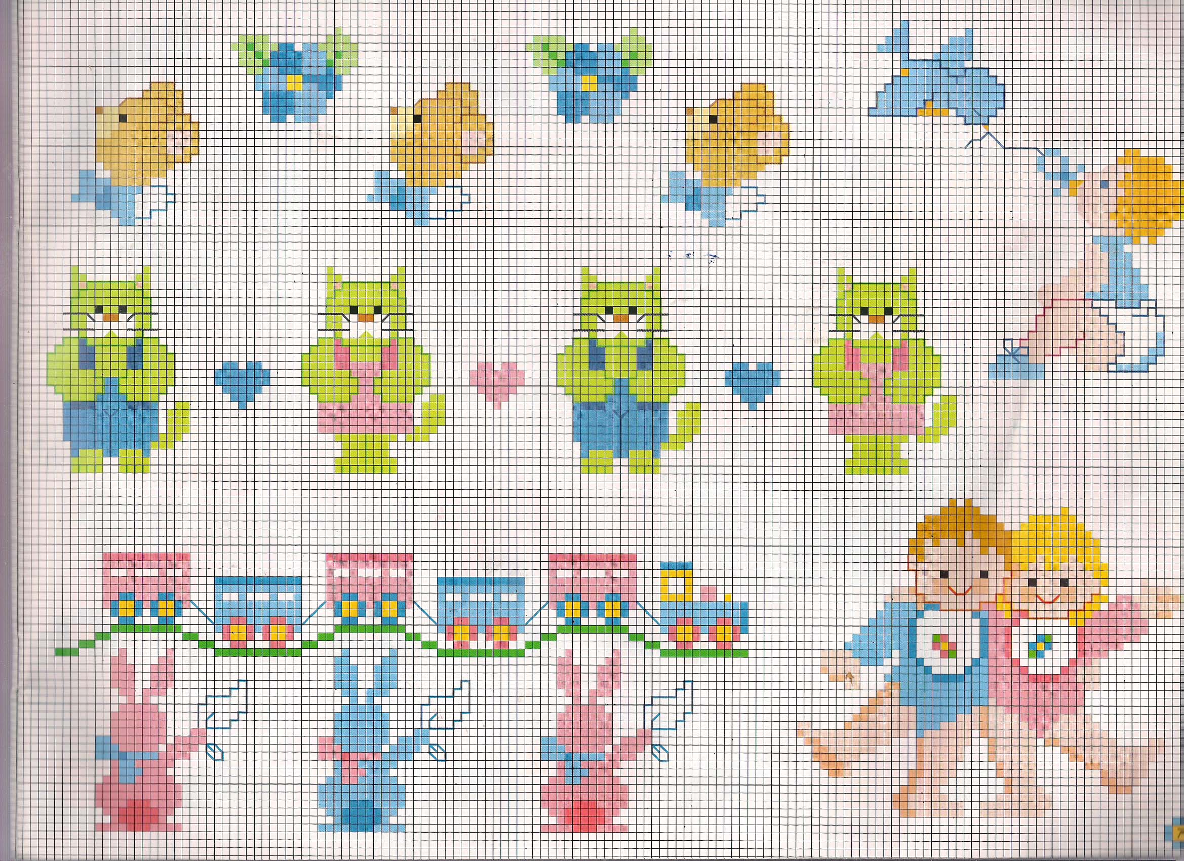 Teddy bears green cats train toys cross stitch patterns