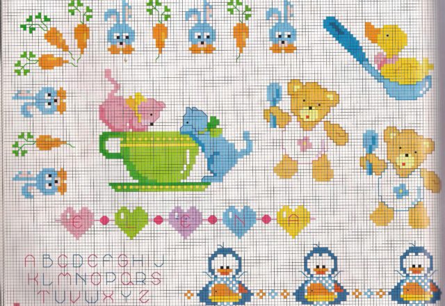 Tender teddy bears with a spoon cross stitch pattern