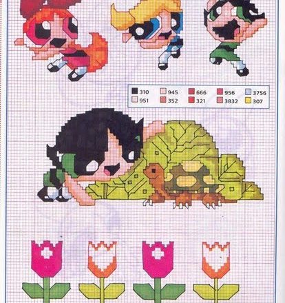 The Powerpuff Girls some turtles and some flowers cross stitch patterns