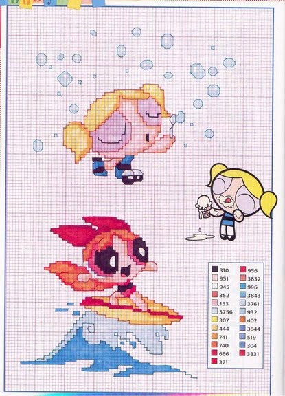 The Powerpuff Girls surfing and playing with bubble blower