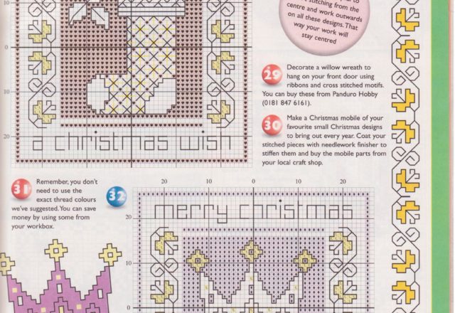 Threads with cross stitch Christmas stocking and crown