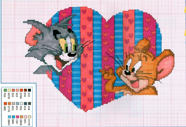 Tom and Jerry cross stitch pattern with a heart