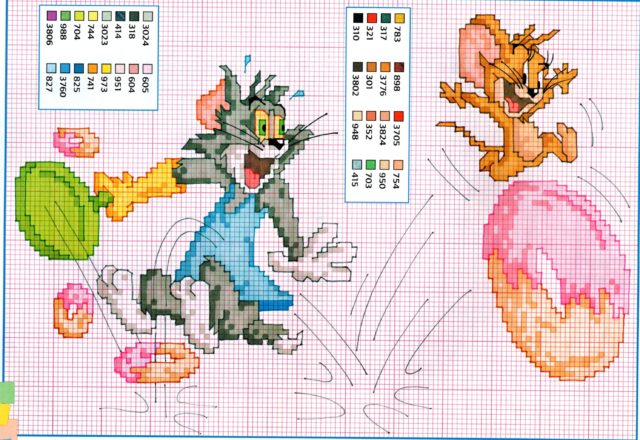 Tom and Jerry throw each other the donuts cross stitch pattern