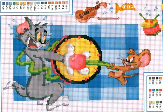 Tom and Jerry with musical instruments cross stitch pattern