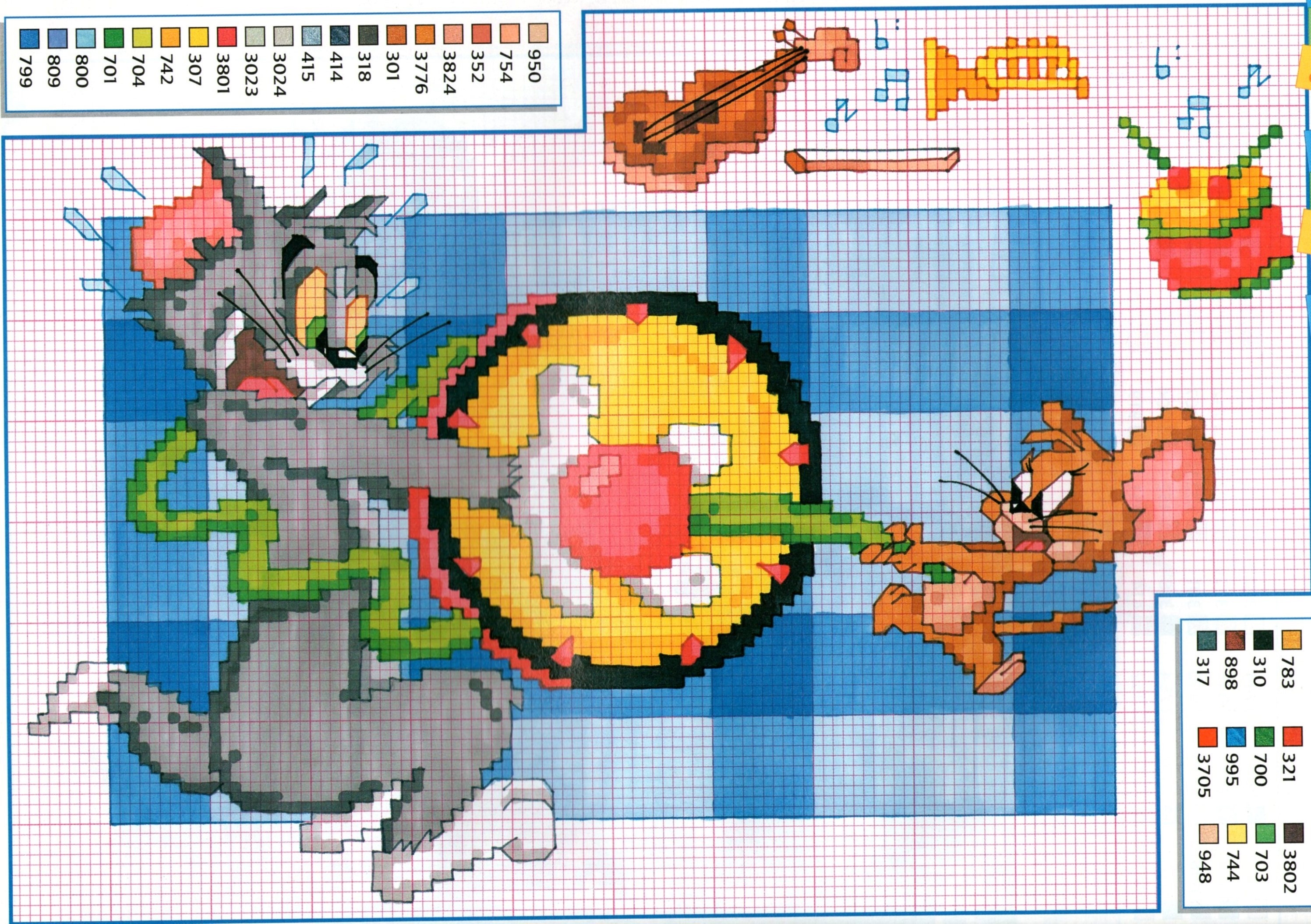 Tom and Jerry with musical instruments cross stitch pattern