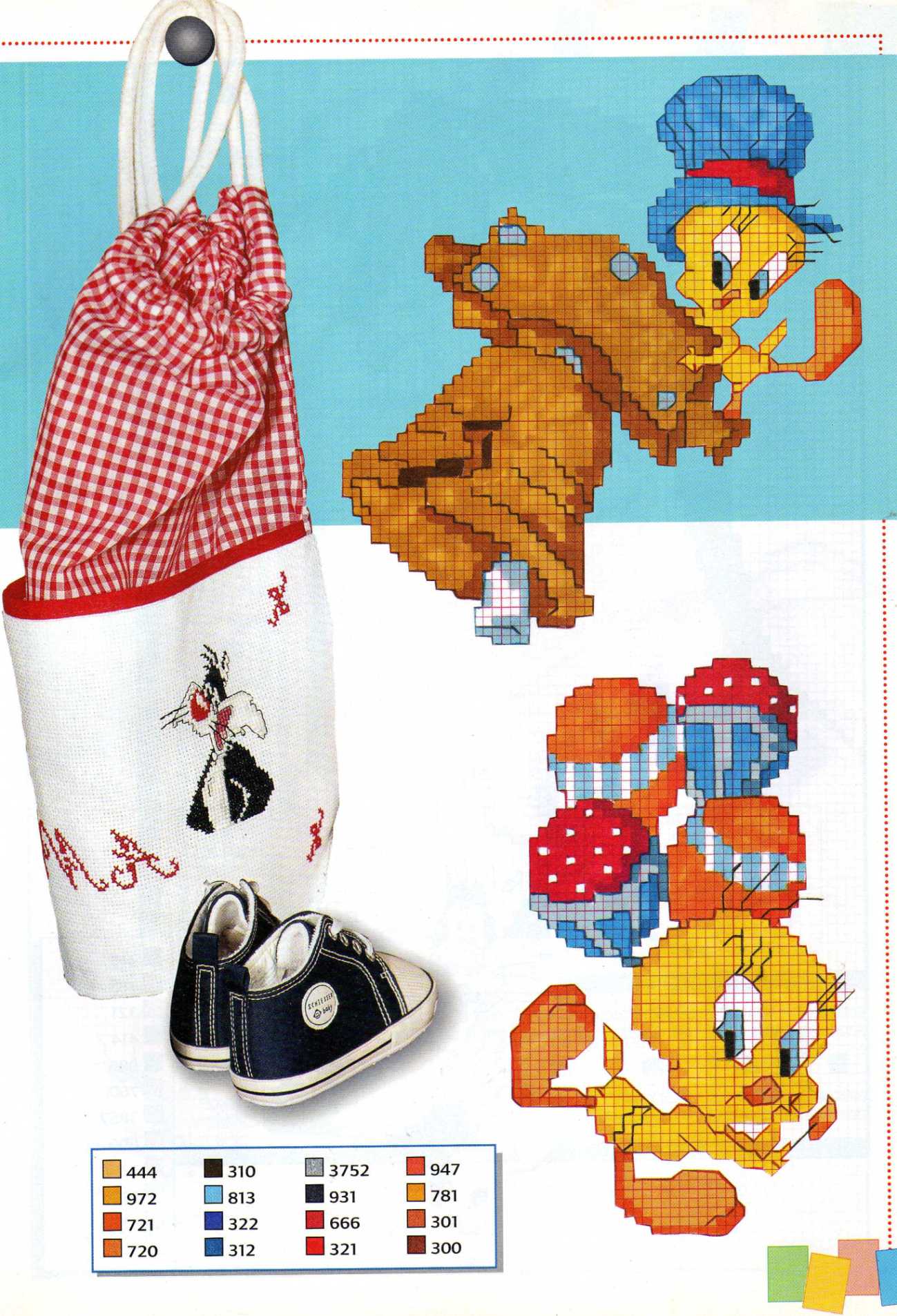 Tweety with colored balloons and bell cross stitch