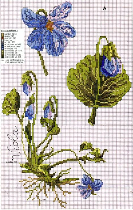 Violas buds and flowers cross stitch pattern