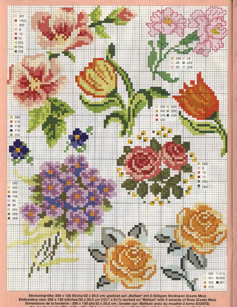 Violets, yellow rose cross stitch pattern