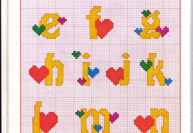 Yellow Cross stitch alphabet with hearts (1)