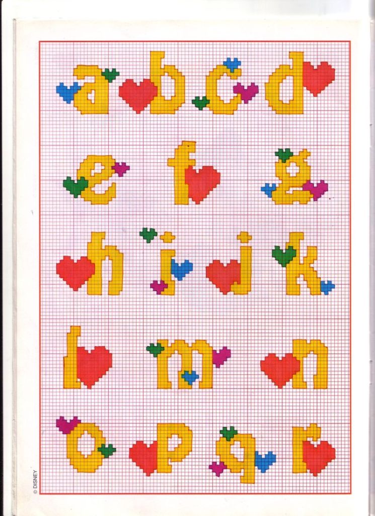 Yellow Cross stitch alphabet with hearts (1)
