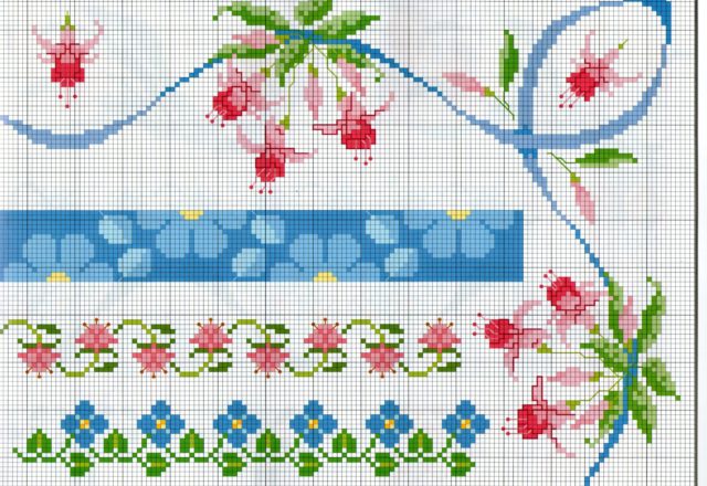 beautiful cross stitch borders with pink flowers bells