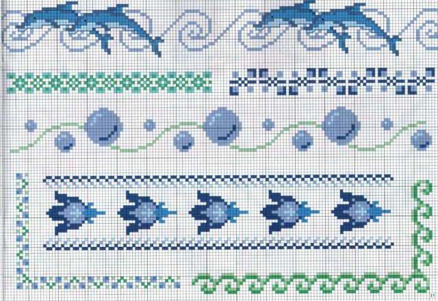 borders Cross stitch theme with dolphins and sea water bubbles