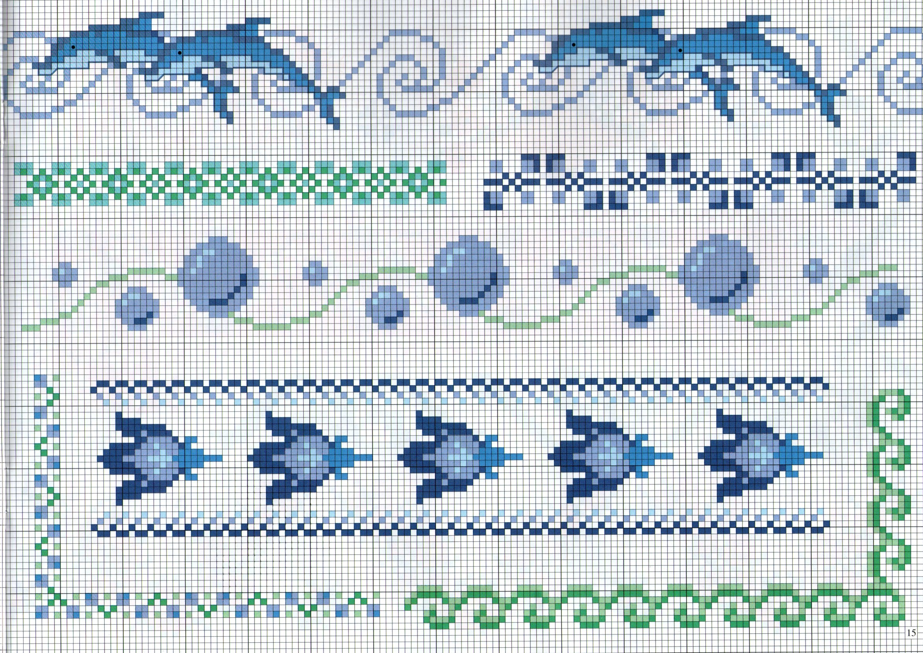 borders Cross stitch theme with dolphins and sea water bubbles