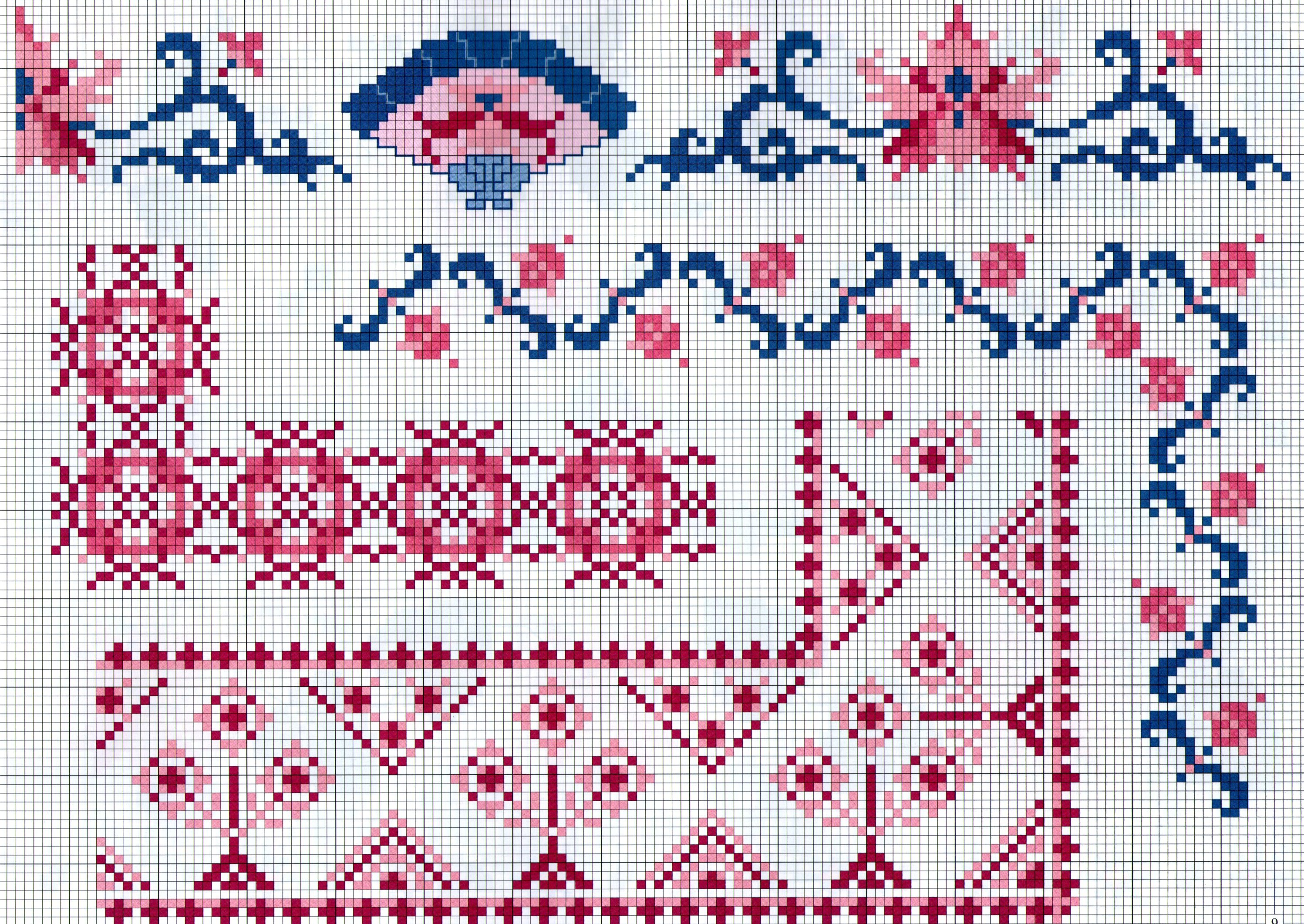 borders to be embroidered with various motifs blue and pink