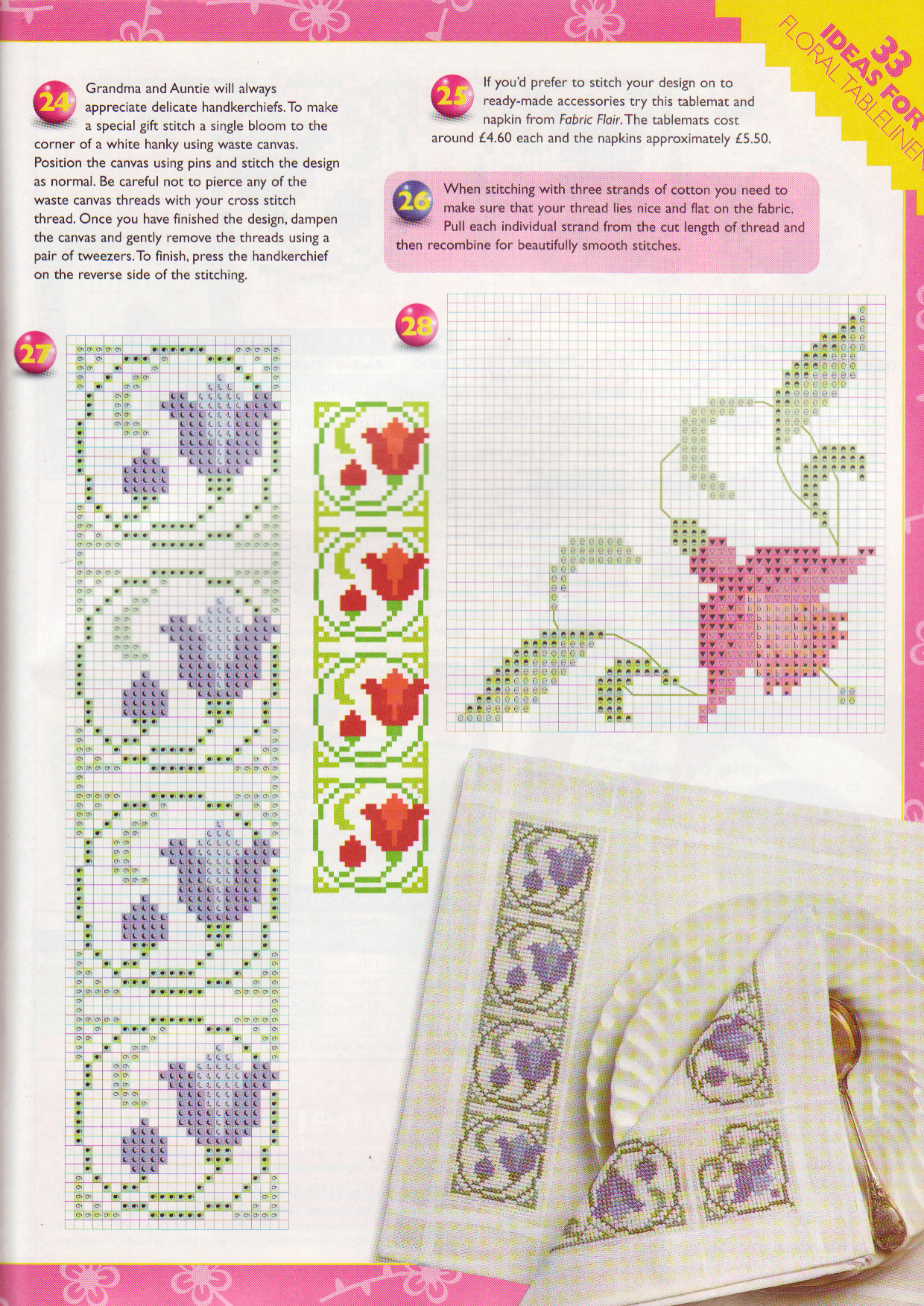 breakfast placemats cross stitch flowers with fuchsia and honeysuckle (6)