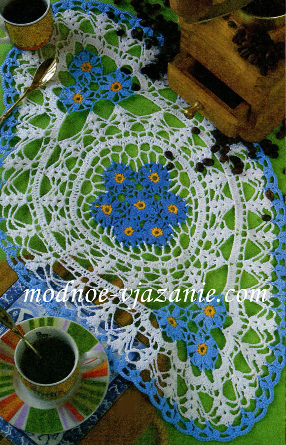 crochet oval doily with blue flowers (1)