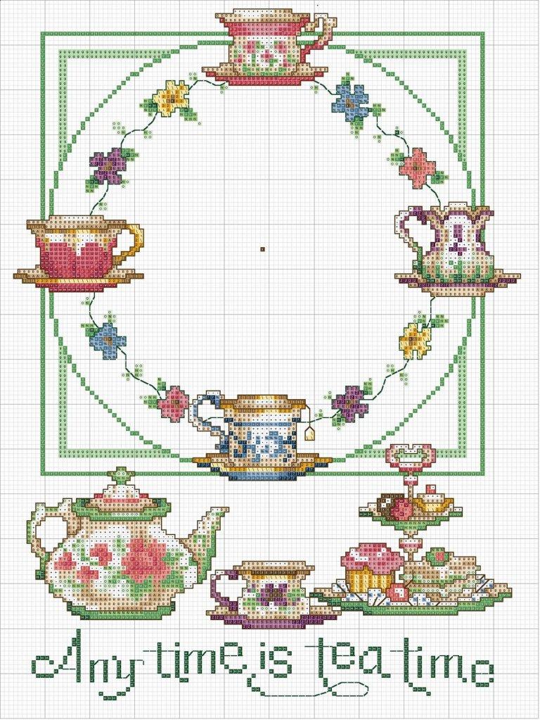 cross stich clock home any time is tea time