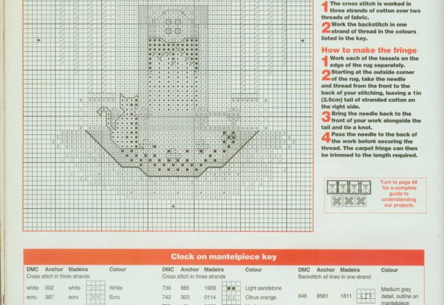 cross stich clock on the mantelpiece