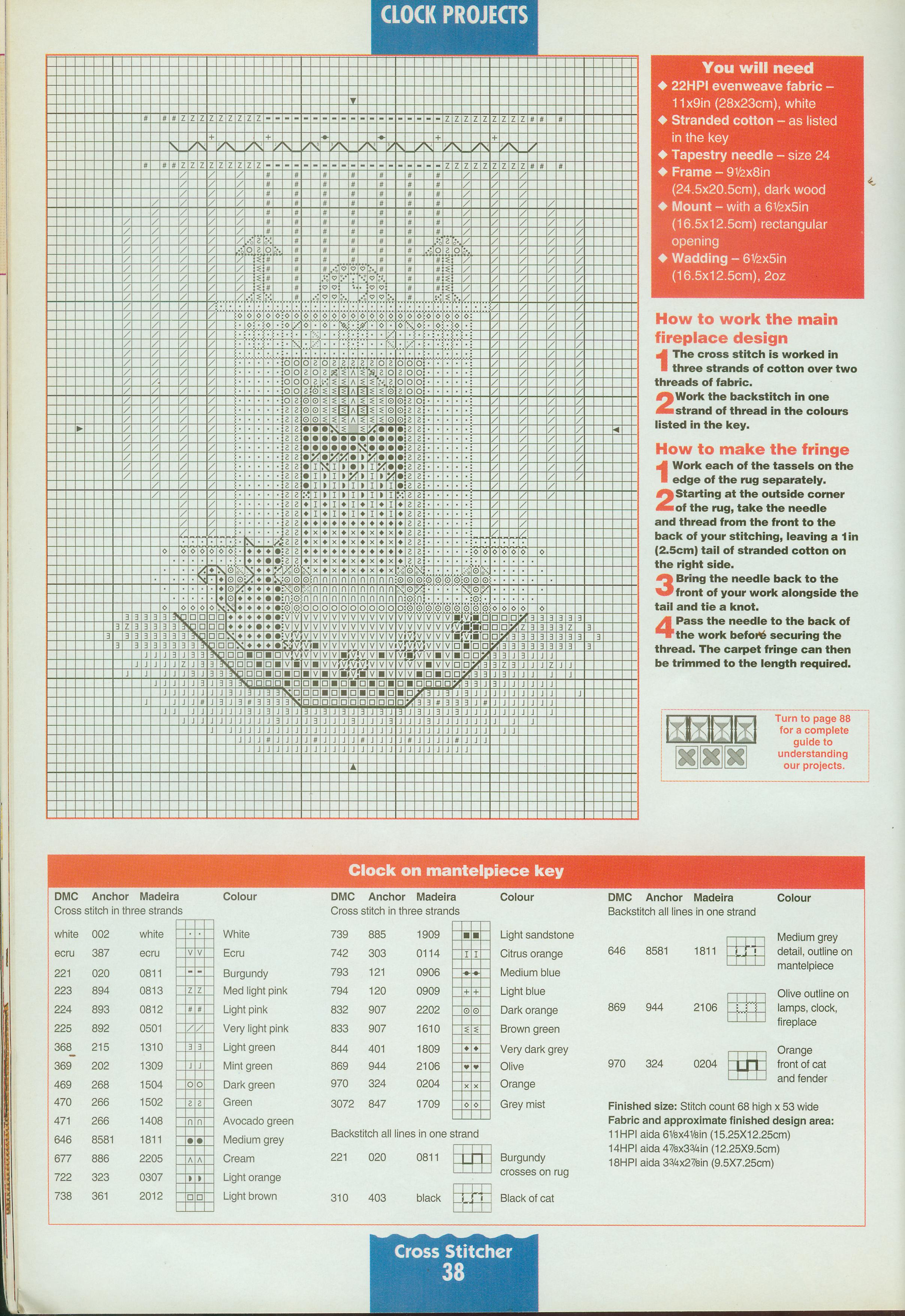 cross stich clock on the mantelpiece