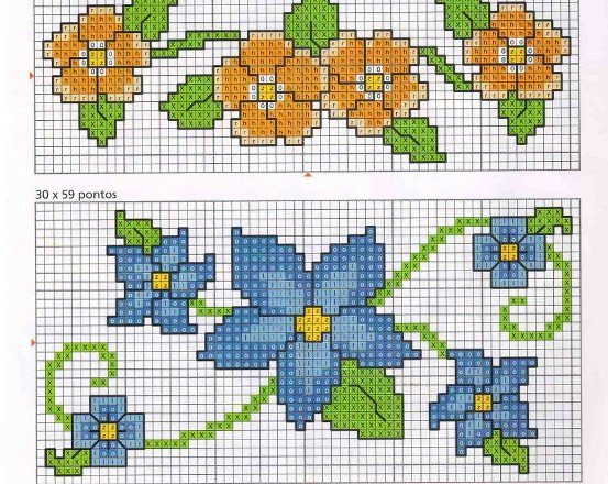 cross stich orange and blue flowers border