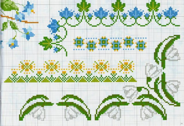 cross stitch border with white and blue flowers