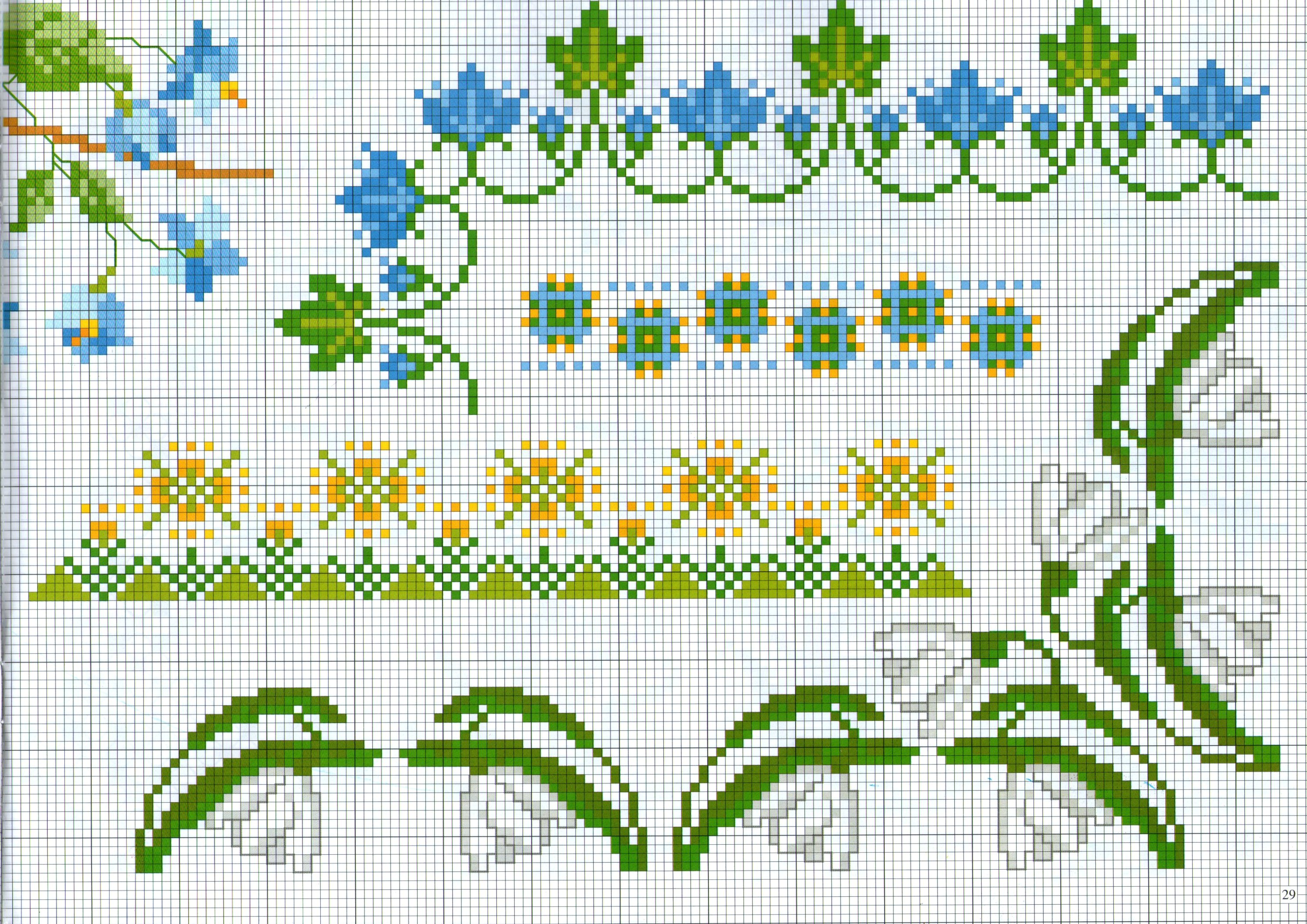 cross stitch border with white and blue flowers