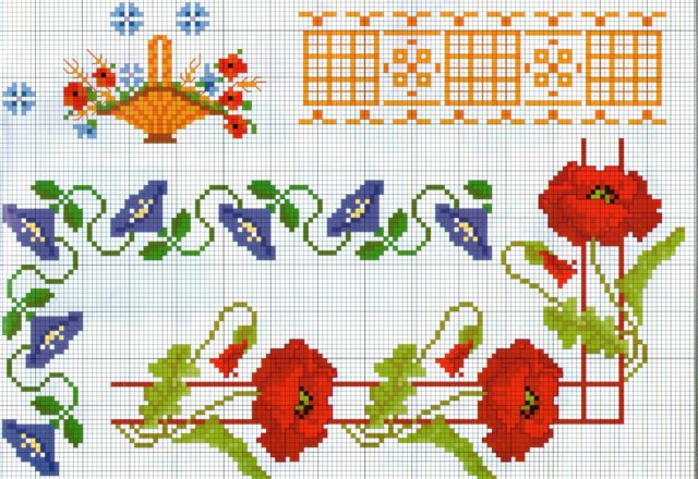 cross stitch border with with poppies flowers
