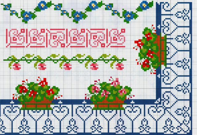 cross stitch borders with flowers geraniums on the balcony