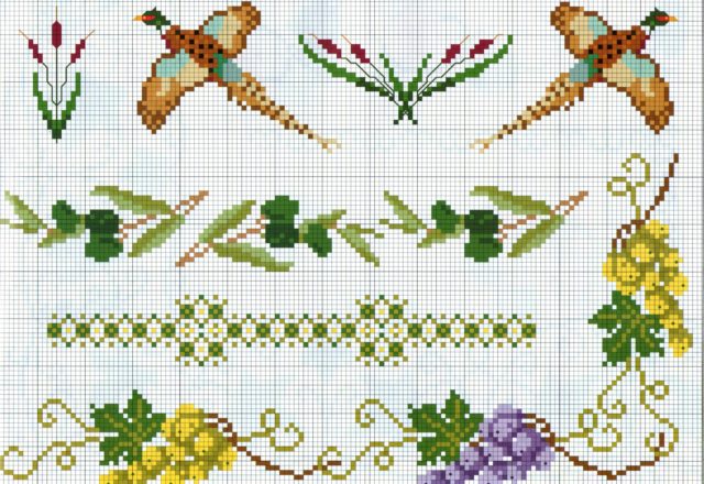 cross stitch borders with pheasants and white and red grapes