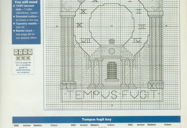 cross stitch clock tempus fugit written Latin
