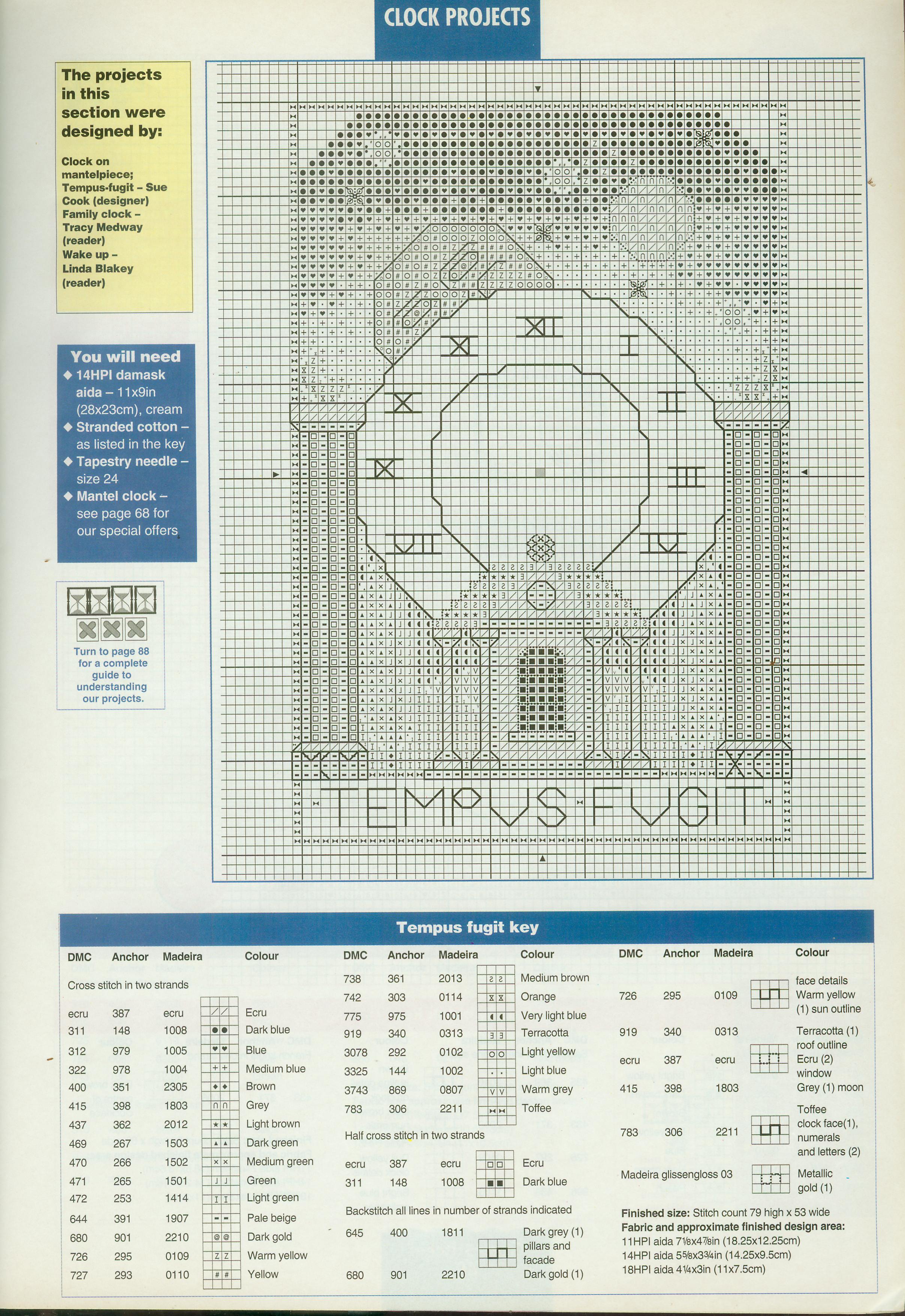 cross stitch clock tempus fugit written Latin