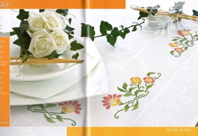 cross stitch tablecloth simple flowers pink and yellow (1)