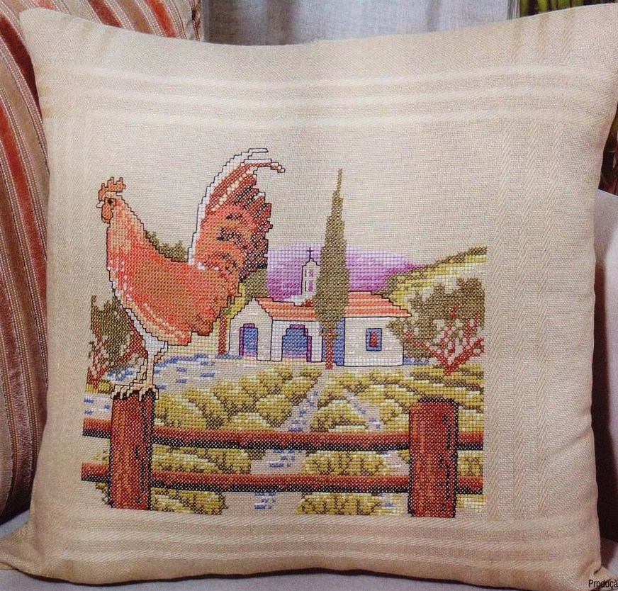 cushion cross stitch farm with cock (1)