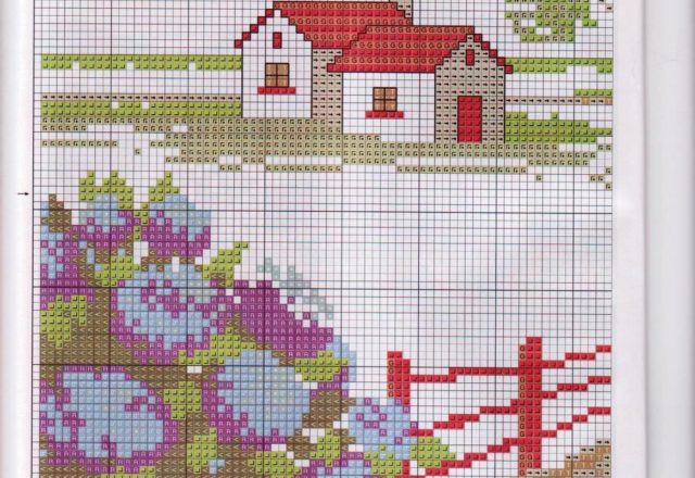 cushion cross stitch house with hortensias (2)