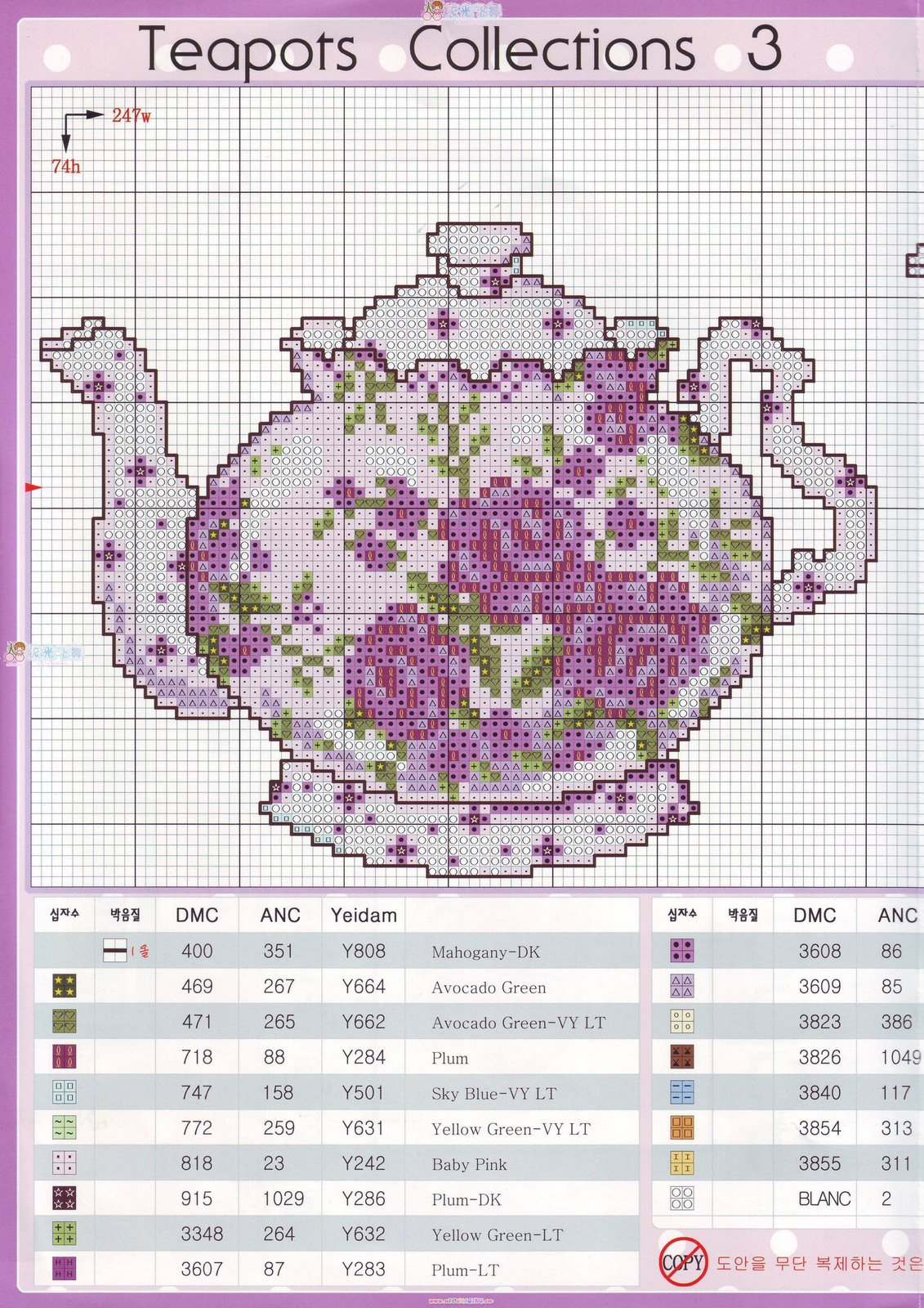 lilac teapot cross stitch pattern