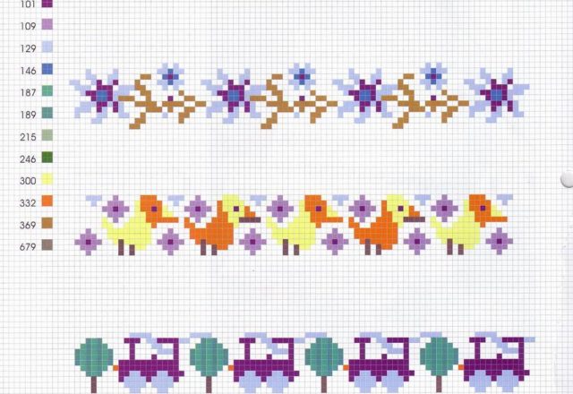 several cross-stitch borders with houses trains duck (2)