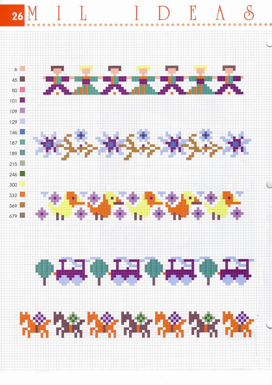 several cross-stitch borders with houses trains duck (2)