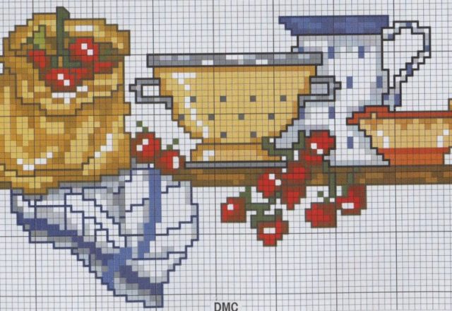 simple shelf with cherries and colanders