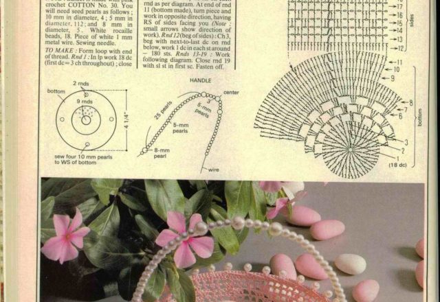 starched crochet basket with pearl handle