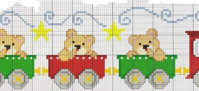teddy bears on baby train cross stitch pattern